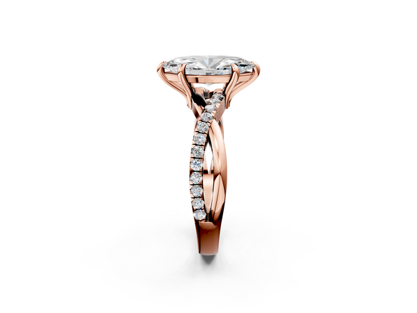 Rose gold Marquise Cut Twist Band Solitaire Diamond Ring with Pavé Setting