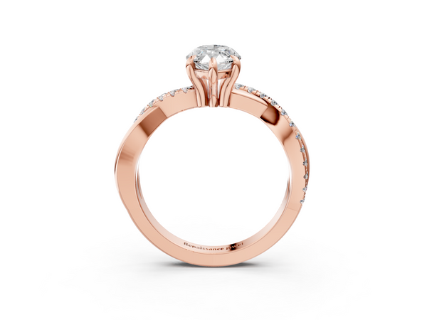 Rose gold Marquise Cut Twist Band Solitaire Diamond Ring with Pavé Setting