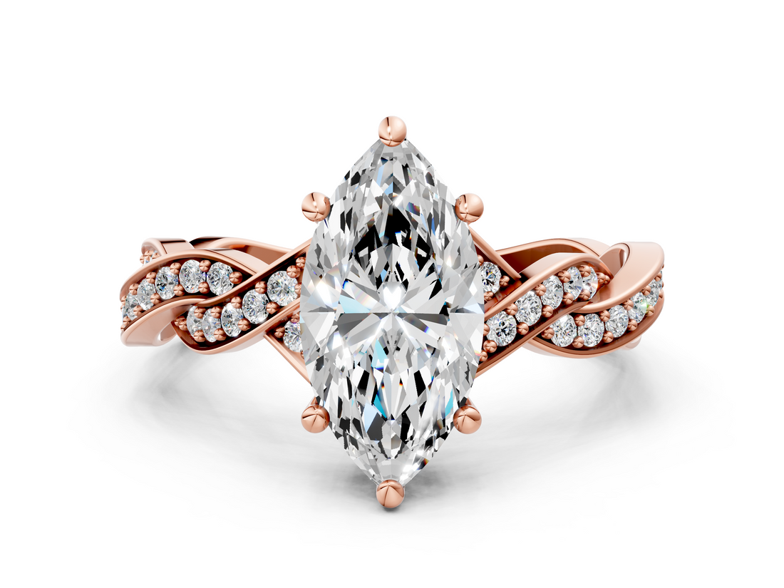 Rose gold Marquise Cut Twisted Pavé Band Solitaire Ring with Four-Prong Setting_113