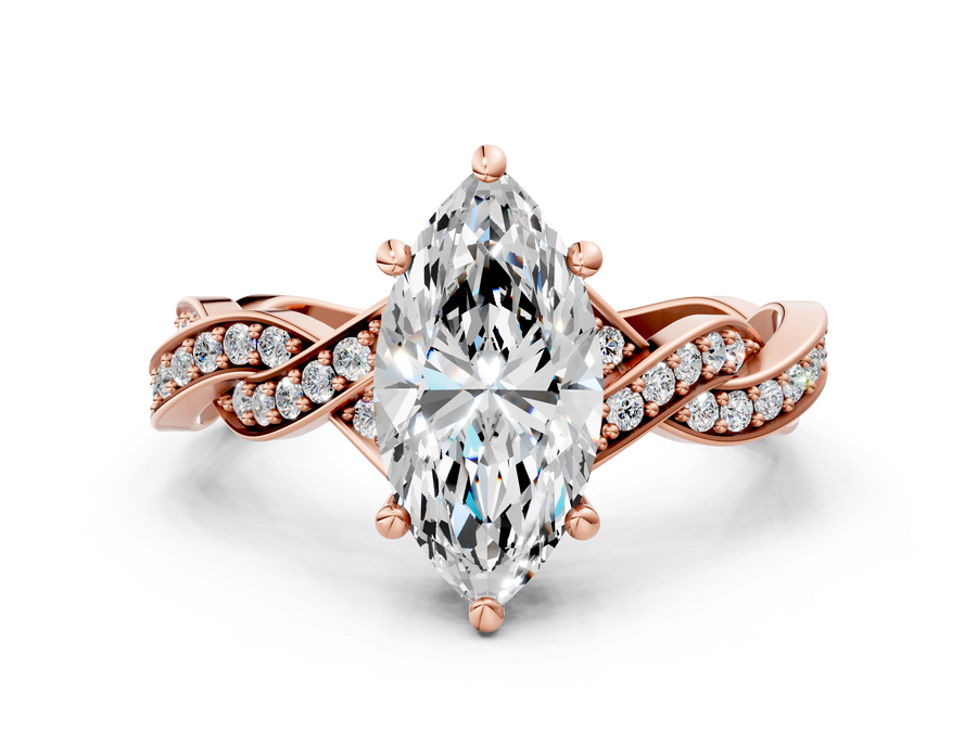Rose gold Marquise Cut Twisted Pavé Band Solitaire Ring with Four-Prong Setting