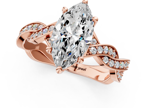 Rose gold Marquise Cut Twisted Pavé Band Solitaire Ring with Four-Prong Setting
