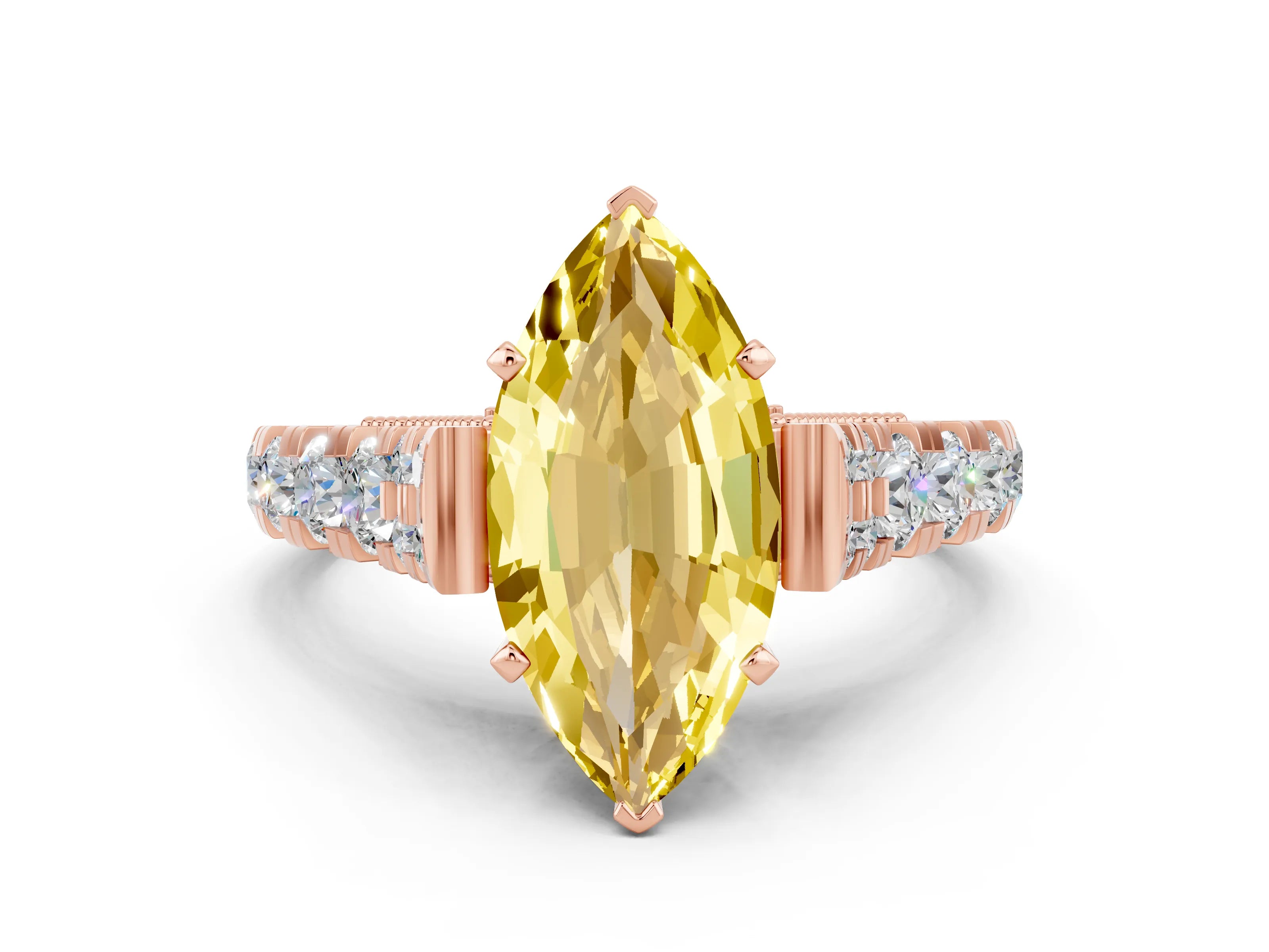 Rose gold Marquise Cut Yellow Sapphire Classic Solitaire Ring with Pavé Band and Four-Prong Setting_12