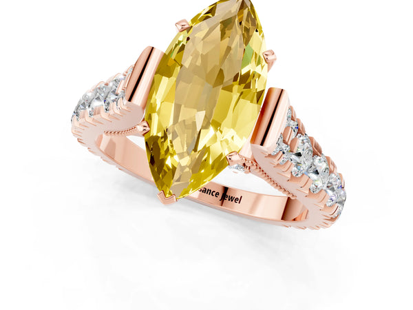Rose gold Marquise Cut Yellow Sapphire Classic Solitaire Ring with Pavé Band and Four-Prong Setting