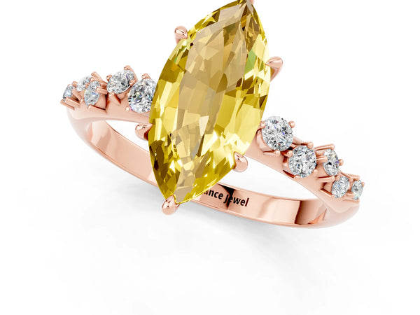Rose gold Marquise Cut Yellow Sapphire Cluster Side Stone Solitaire Ring with Prong Setting