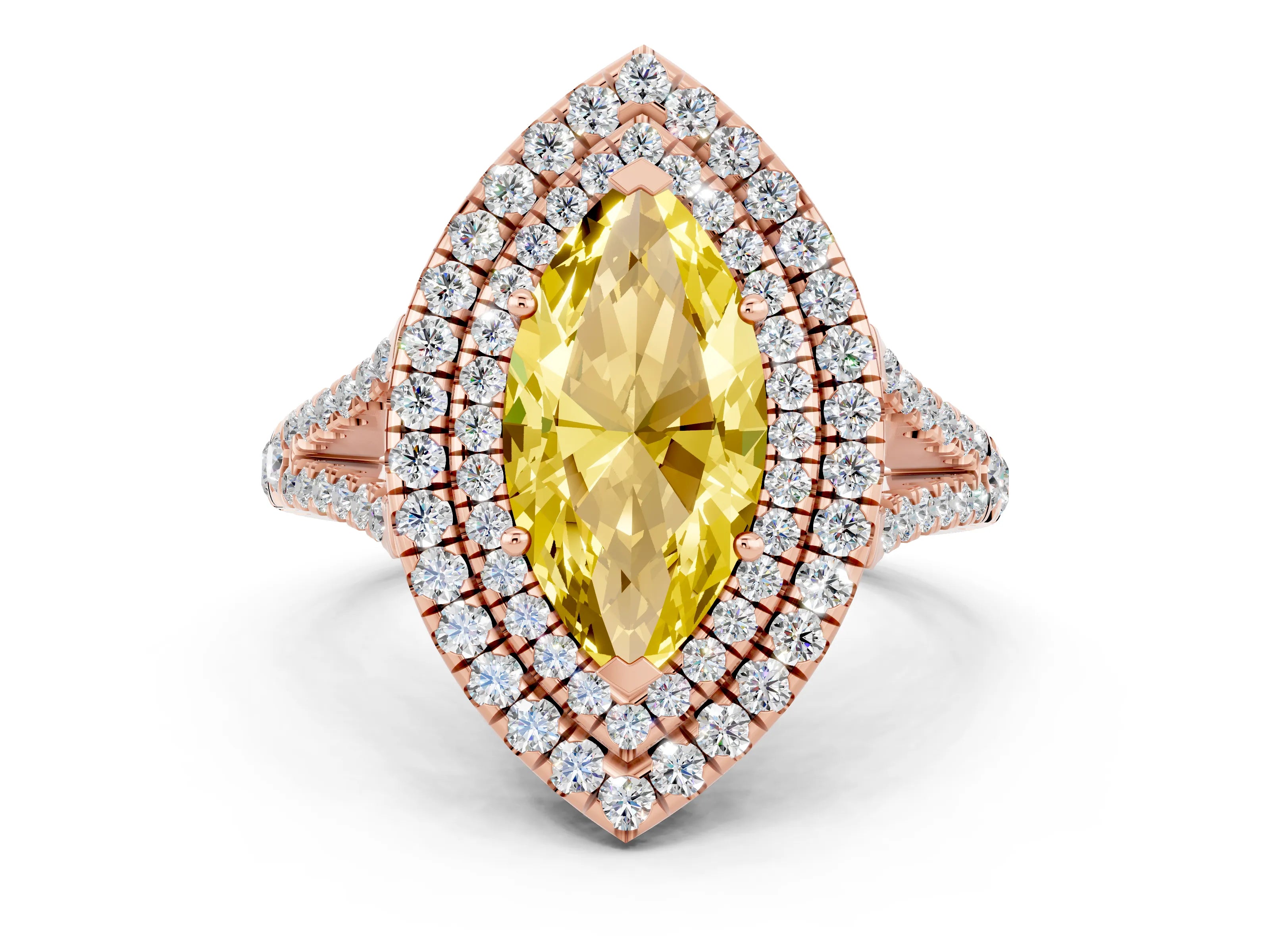 Rose gold Marquise Cut Yellow Sapphire Double Halo Ring with Pavé Band and Prong Setting_12