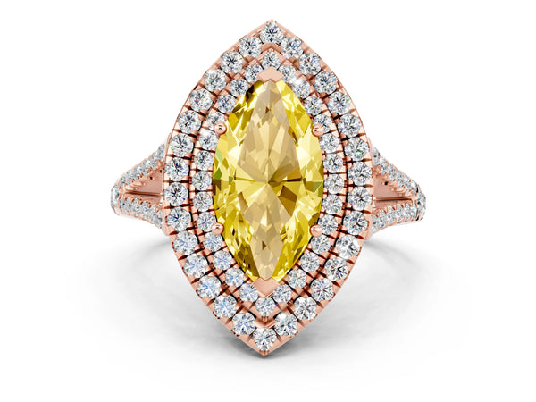 Rose gold Marquise Cut Yellow Sapphire Double Halo Ring with Pavé Band and Prong Setting