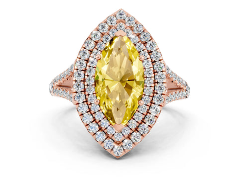 Rose gold Marquise Cut Yellow Sapphire Double Halo Ring with Pavé Band and Prong Setting_12
