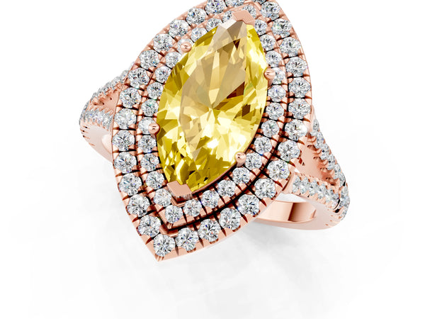 Rose gold Marquise Cut Yellow Sapphire Double Halo Ring with Pavé Band and Prong Setting