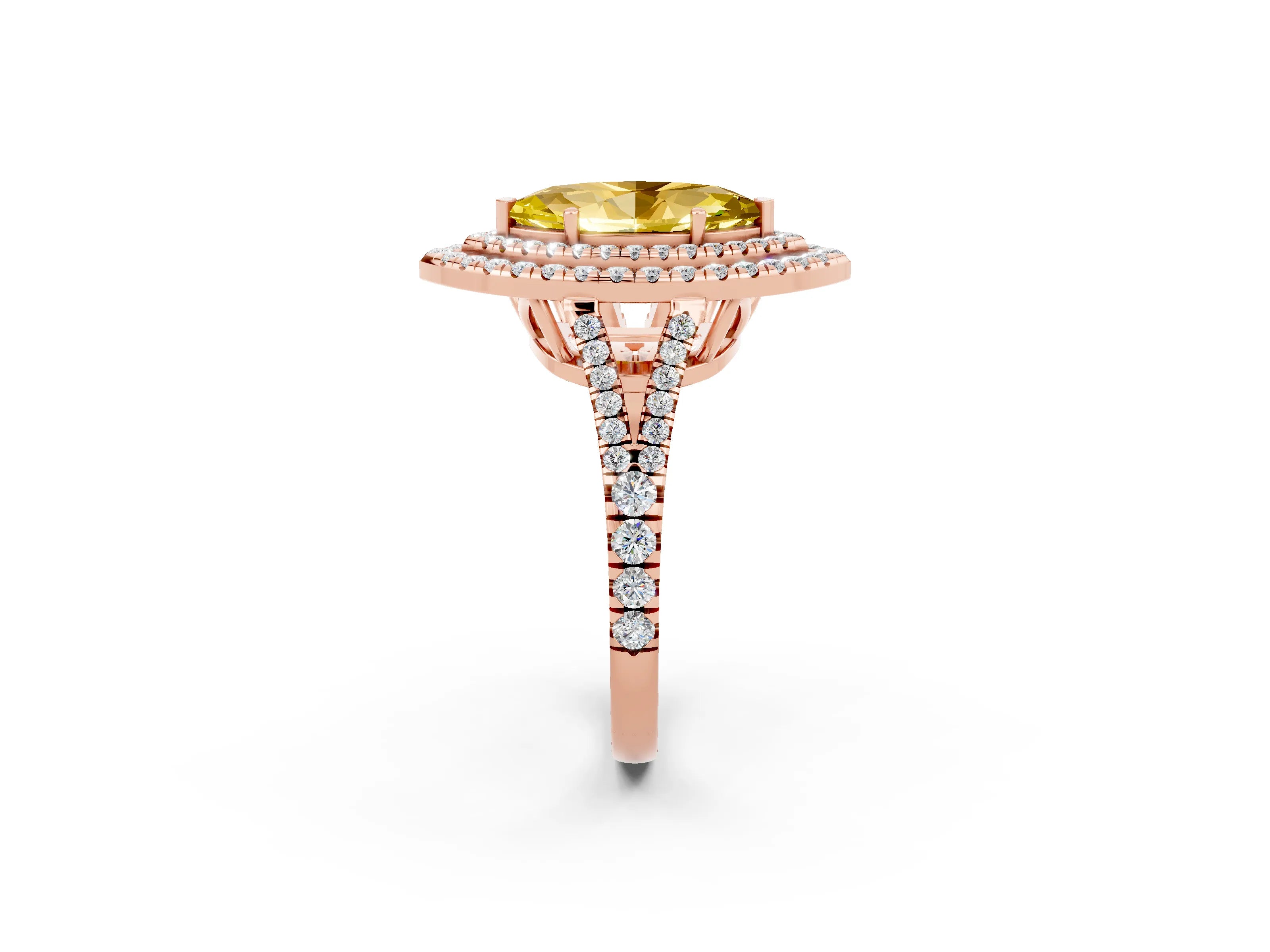 Rose gold Marquise Cut Yellow Sapphire Double Halo Ring with Pavé Band and Prong Setting_14