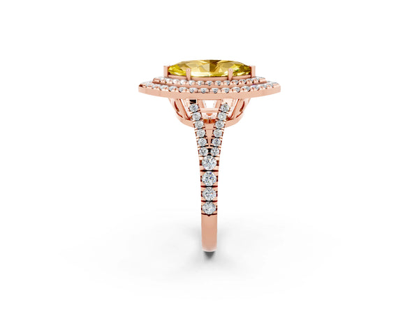 Rose gold Marquise Cut Yellow Sapphire Double Halo Ring with Pavé Band and Prong Setting