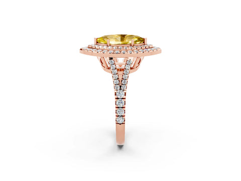 Rose gold Marquise Cut Yellow Sapphire Double Halo Ring with Pavé Band and Prong Setting_14