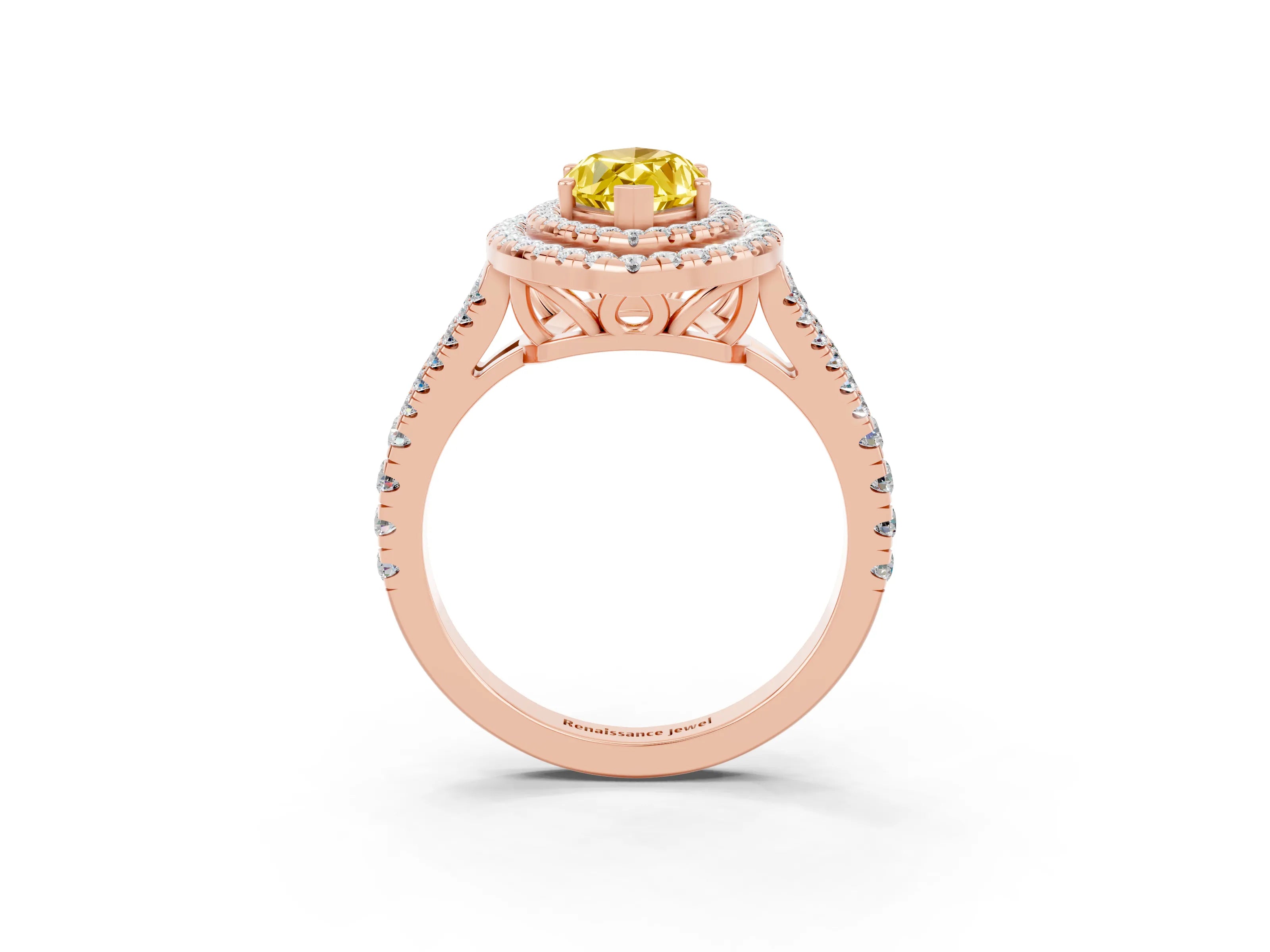 Rose gold Marquise Cut Yellow Sapphire Double Halo Ring with Pavé Band and Prong Setting_15