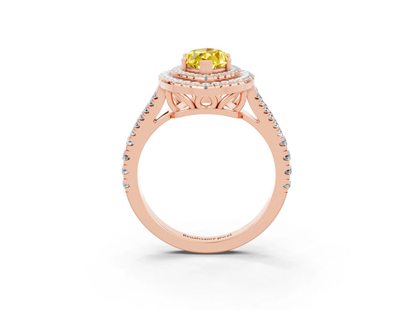 Rose gold Marquise Cut Yellow Sapphire Double Halo Ring with Pavé Band and Prong Setting