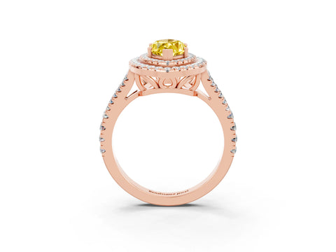 Rose gold Marquise Cut Yellow Sapphire Double Halo Ring with Pavé Band and Prong Setting_15