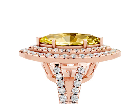 Rose gold Marquise Cut Yellow Sapphire Double Halo Ring with Pavé Band and Prong Setting_17