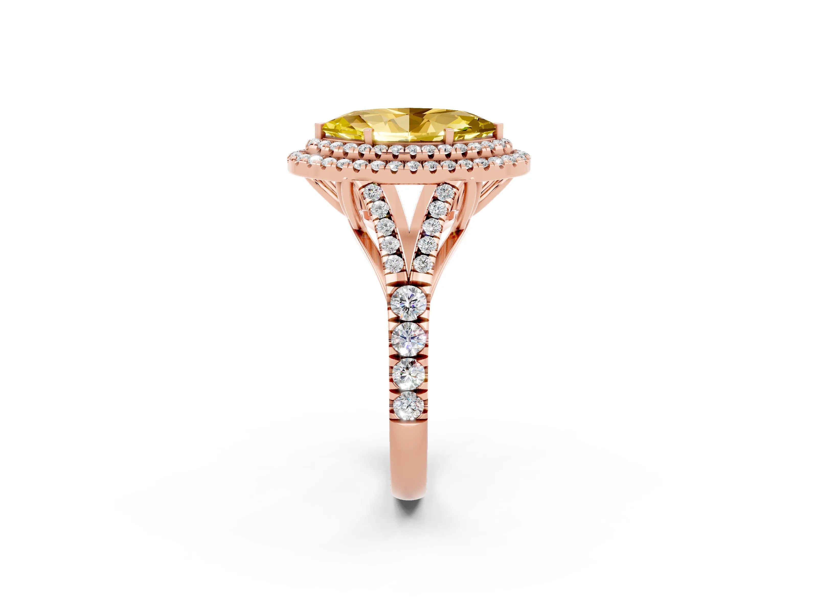 Rose gold Marquise Cut Yellow Sapphire Double Halo Ring with Split Shank and Prong Setting_14