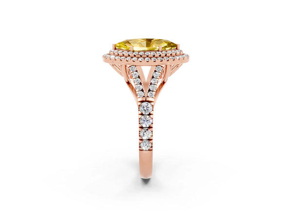 Rose gold Marquise Cut Yellow Sapphire Double Halo Ring with Split Shank and Prong Setting