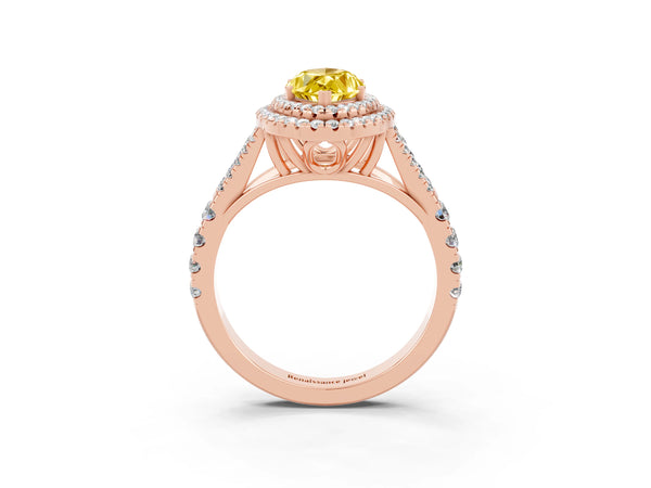 Rose gold Marquise Cut Yellow Sapphire Double Halo Ring with Split Shank and Prong Setting