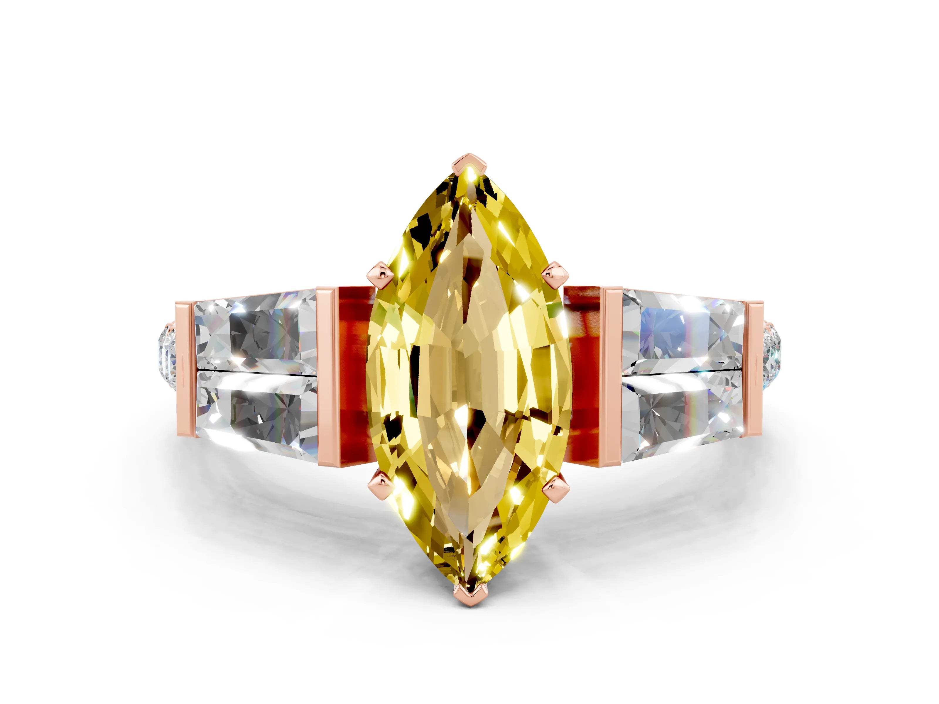 Rose gold Marquise Cut Yellow Sapphire Engagement Ring with Baguette Side Stones and Channel Set Band