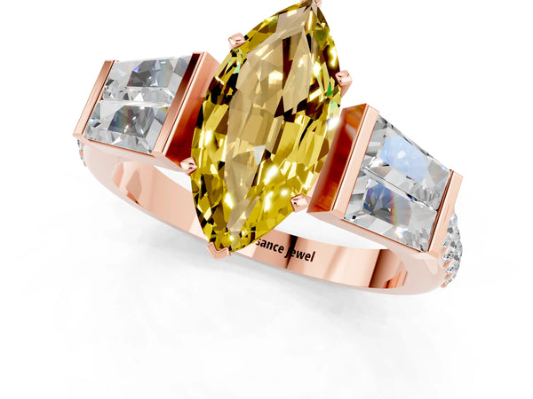 Rose gold Marquise Cut Yellow Sapphire Engagement Ring with Baguette Side Stones and Channel Set Band