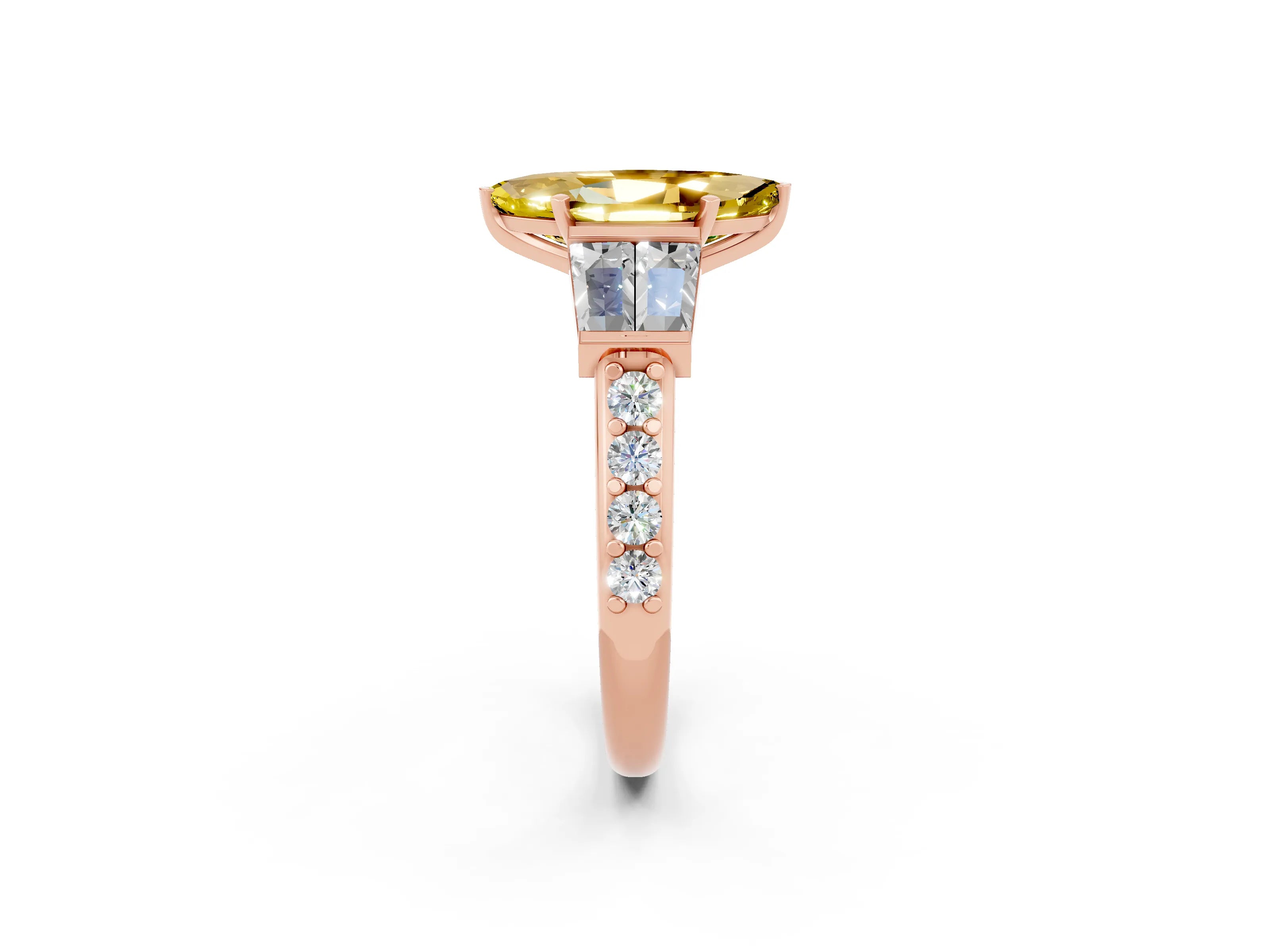 Rose gold Marquise Cut Yellow Sapphire Engagement Ring with Baguette Side Stones and Channel Set Band_2