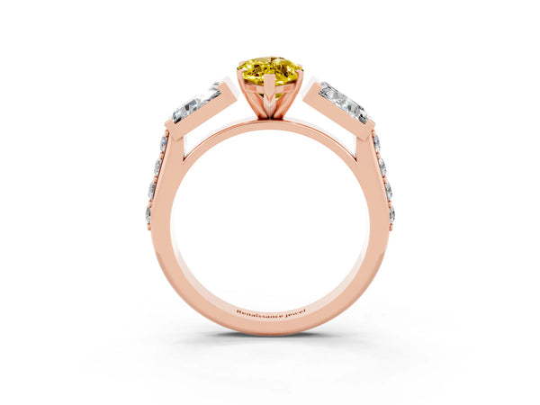 Rose gold Marquise Cut Yellow Sapphire Engagement Ring with Baguette Side Stones and Channel Set Band