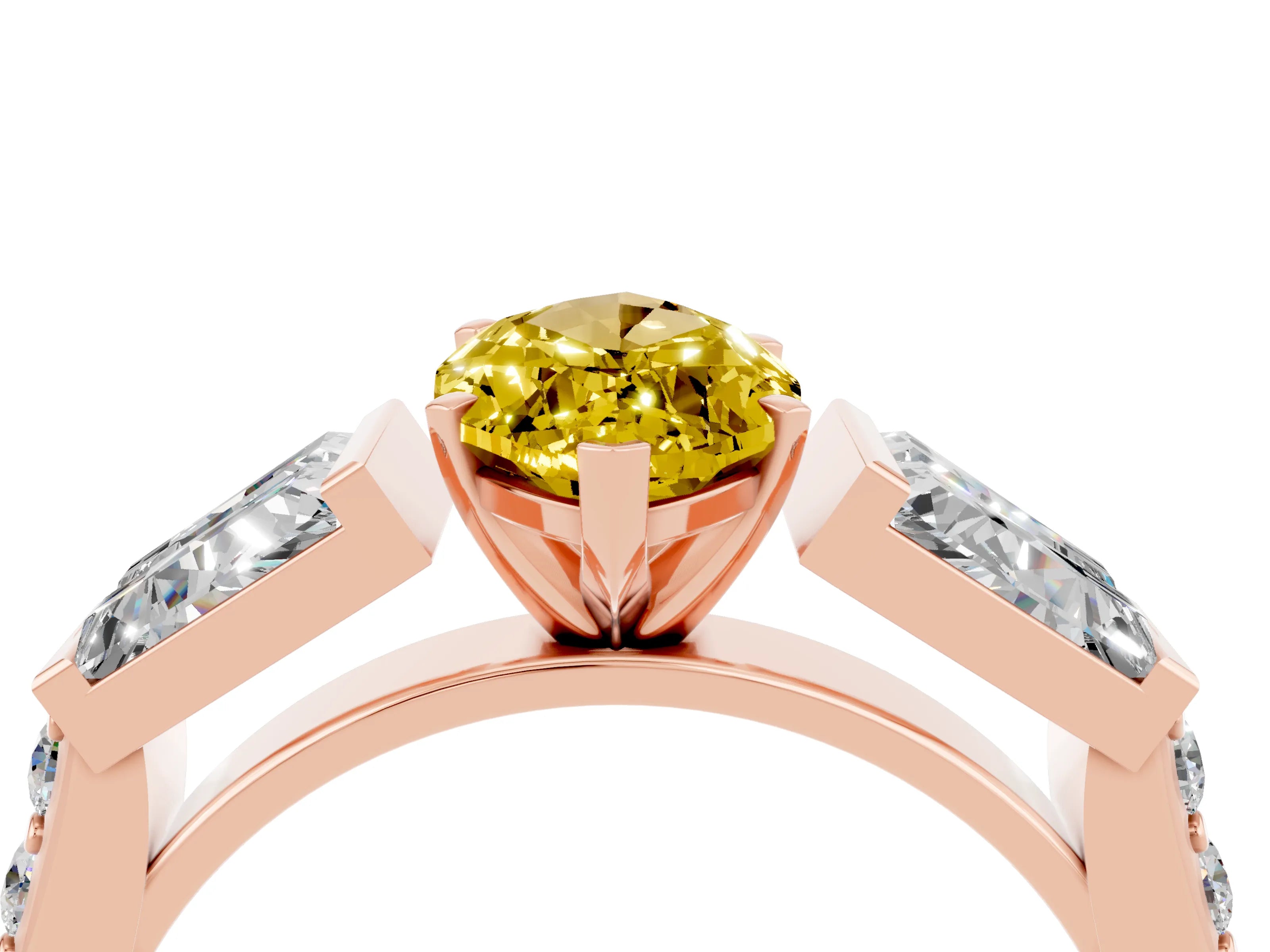 Rose gold Marquise Cut Yellow Sapphire Engagement Ring with Baguette Side Stones and Channel Set Band_4