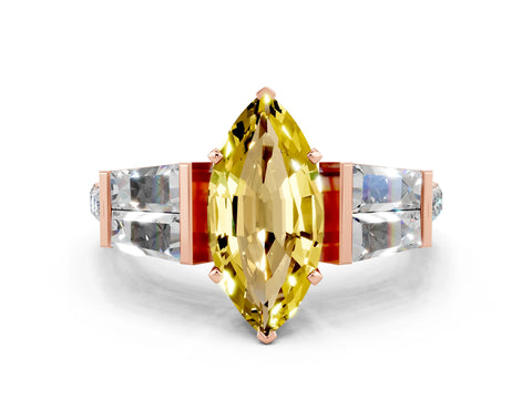 Rose gold Marquise Cut Yellow Sapphire Engagement Ring with Baguette Side Stones and Channel Set Band