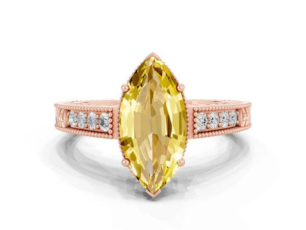 Rose gold Marquise Cut Yellow Sapphire Engagement Ring with Milgrain Channel Set Band and Prong Setting