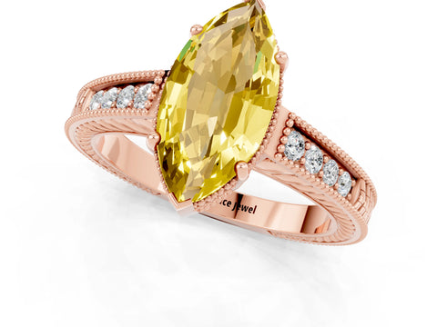 Rose gold Marquise Cut Yellow Sapphire Engagement Ring with Milgrain Channel Set Band and Prong Setting_25
