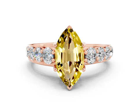 Rose gold Marquise Cut Yellow Sapphire Engagement Ring with Pavé Band and Four-Prong Setting