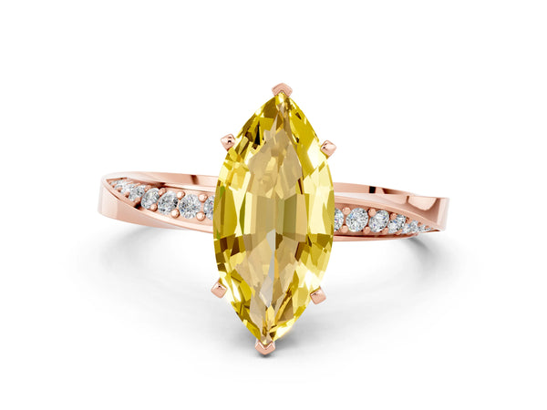 Rose gold Marquise Cut Yellow Sapphire Engagement Ring with Side Stone Accents and Four-Prong Setting