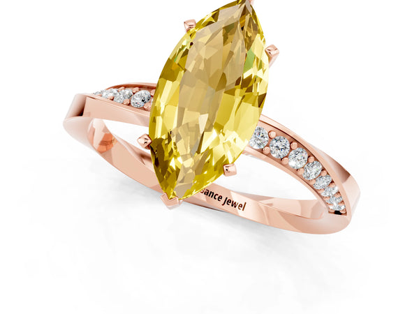 Rose gold Marquise Cut Yellow Sapphire Engagement Ring with Side Stone Accents and Four-Prong Setting