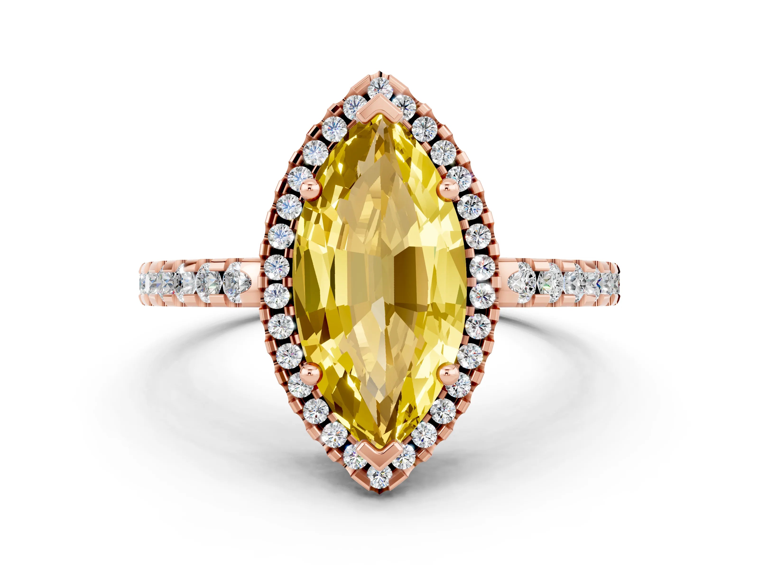 Rose gold Marquise Cut Yellow Sapphire Halo Engagement Ring with Pavé Band and Prong Setting_12