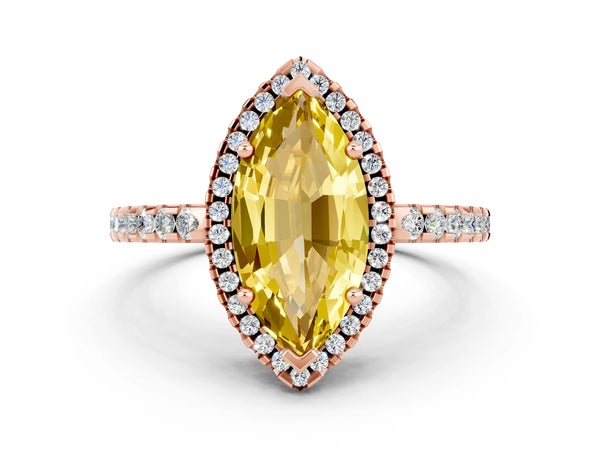 Rose gold Marquise Cut Yellow Sapphire Halo Engagement Ring with Pavé Band and Prong Setting