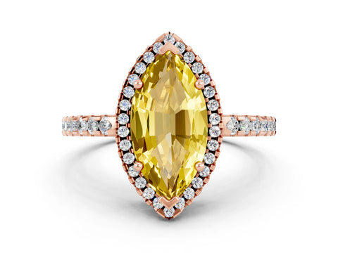 Rose gold Marquise Cut Yellow Sapphire Halo Engagement Ring with Pavé Band and Prong Setting_12