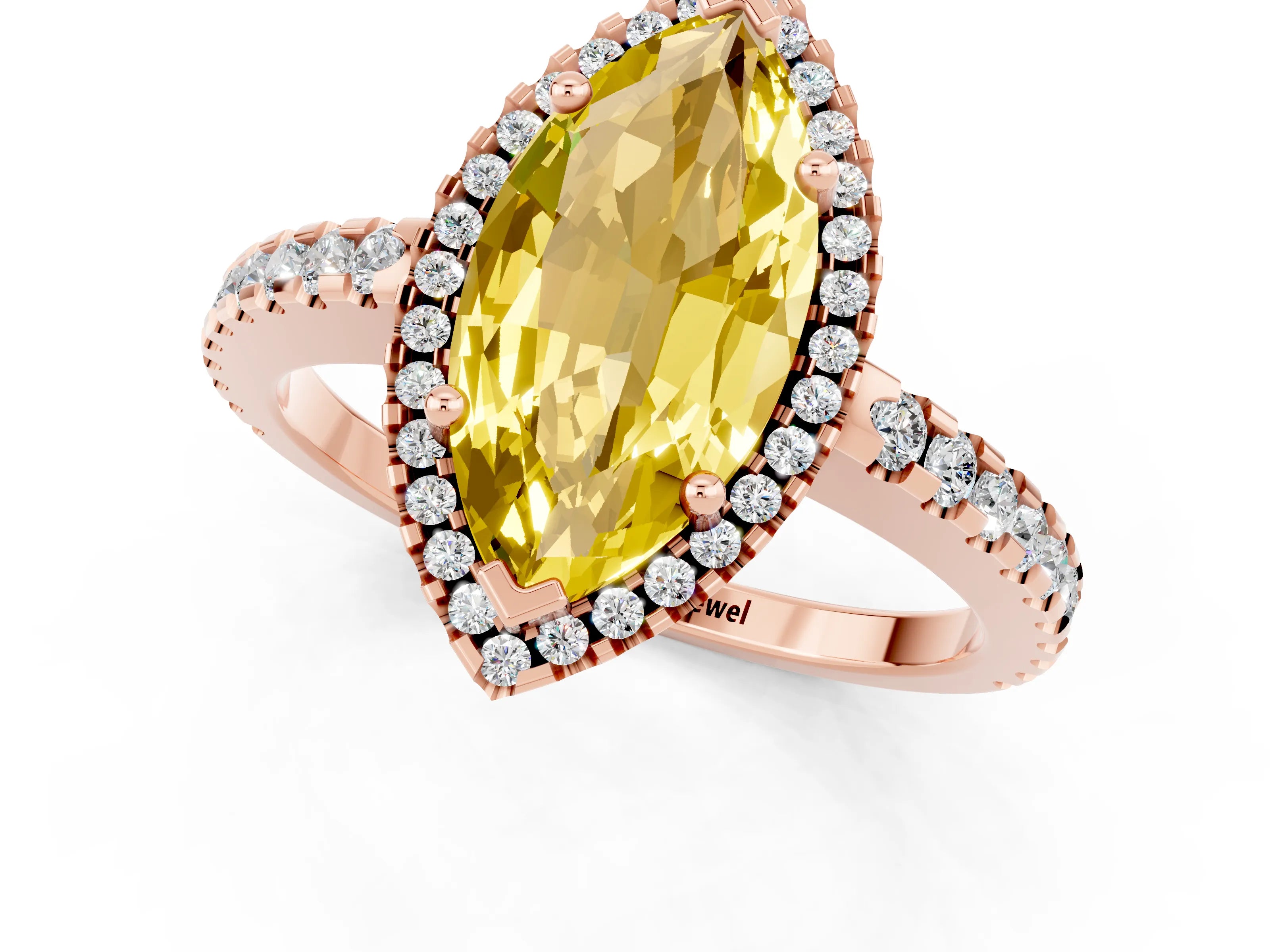 Rose gold Marquise Cut Yellow Sapphire Halo Engagement Ring with Pavé Band and Prong Setting_13