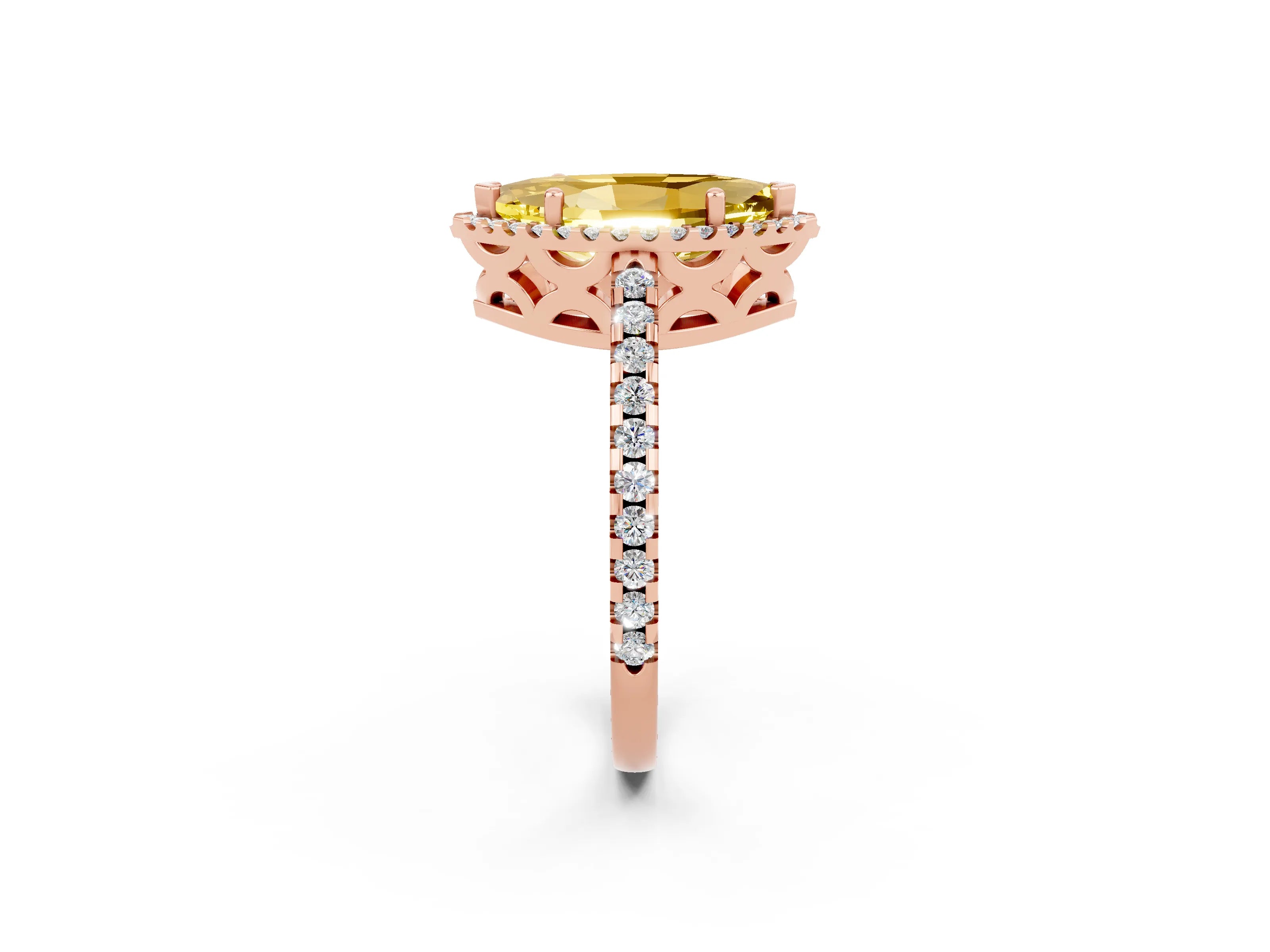 Rose gold Marquise Cut Yellow Sapphire Halo Engagement Ring with Pavé Band and Prong Setting_14