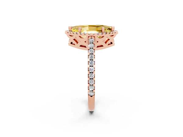 Rose gold Marquise Cut Yellow Sapphire Halo Engagement Ring with Pavé Band and Prong Setting