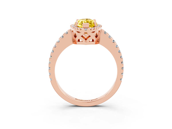 Rose gold Marquise Cut Yellow Sapphire Halo Engagement Ring with Pavé Band and Prong Setting