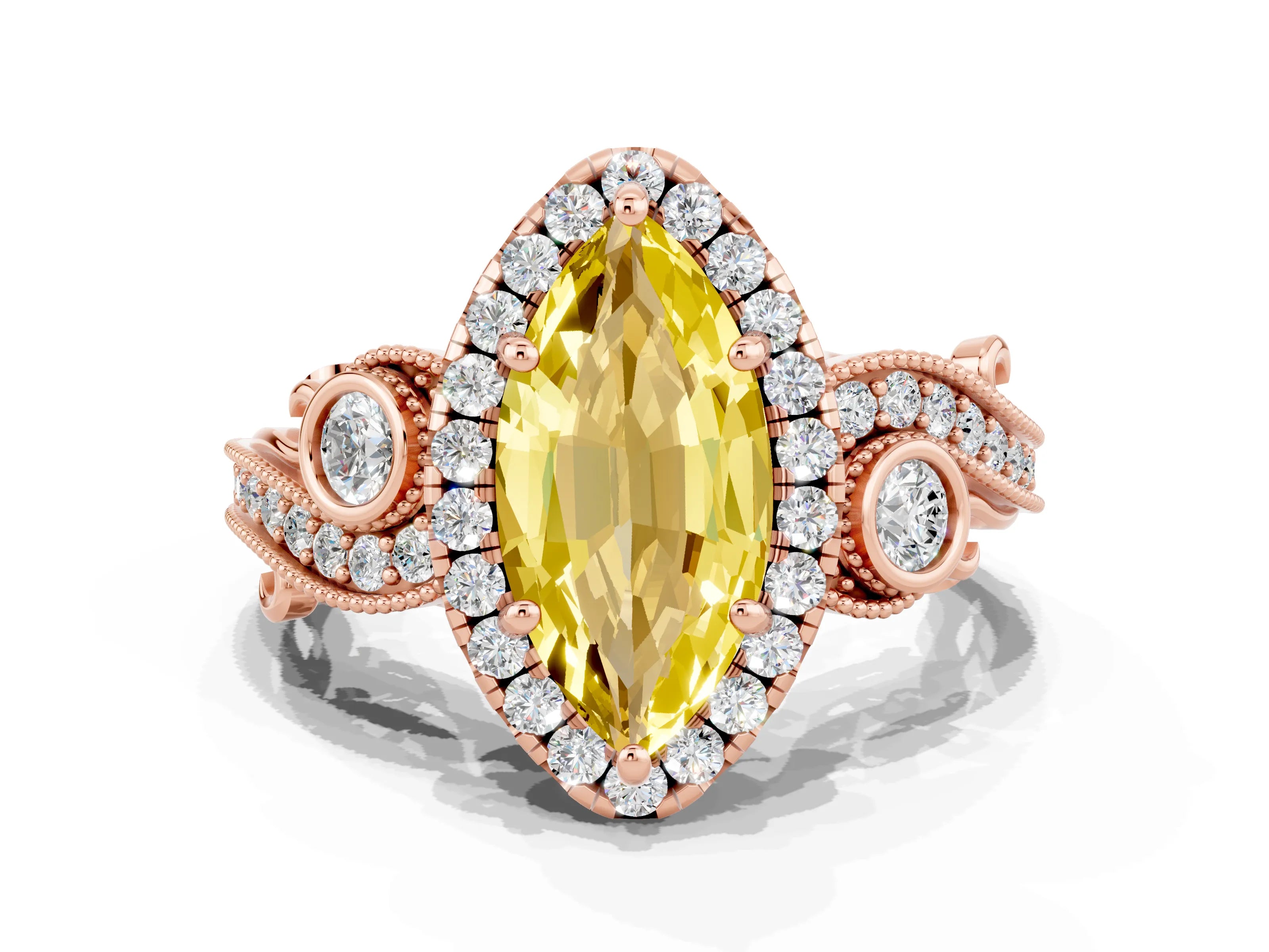 Rose gold Marquise Cut Yellow Sapphire Halo Ring with Milgrain Pavé Band and Four-Prong Setting_12