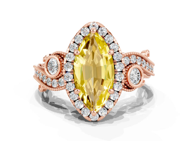 Rose gold Marquise Cut Yellow Sapphire Halo Ring with Milgrain Pavé Band and Four-Prong Setting