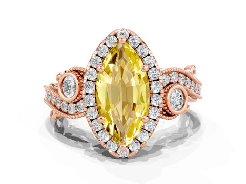 Rose gold Marquise Cut Yellow Sapphire Halo Ring with Milgrain Pavé Band and Four-Prong Setting_12
