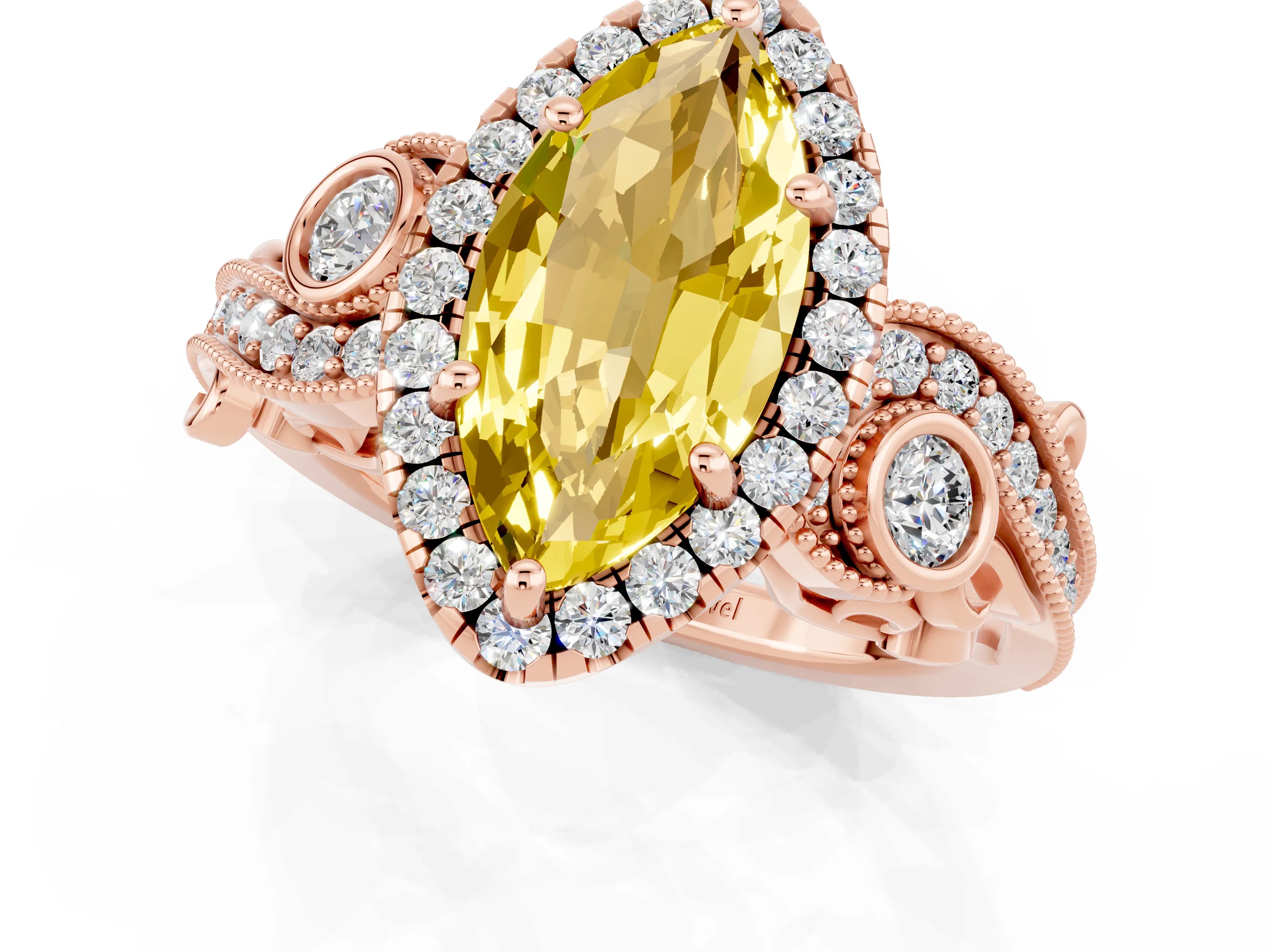 Rose gold Marquise Cut Yellow Sapphire Halo Ring with Milgrain Pavé Band and Four-Prong Setting_13