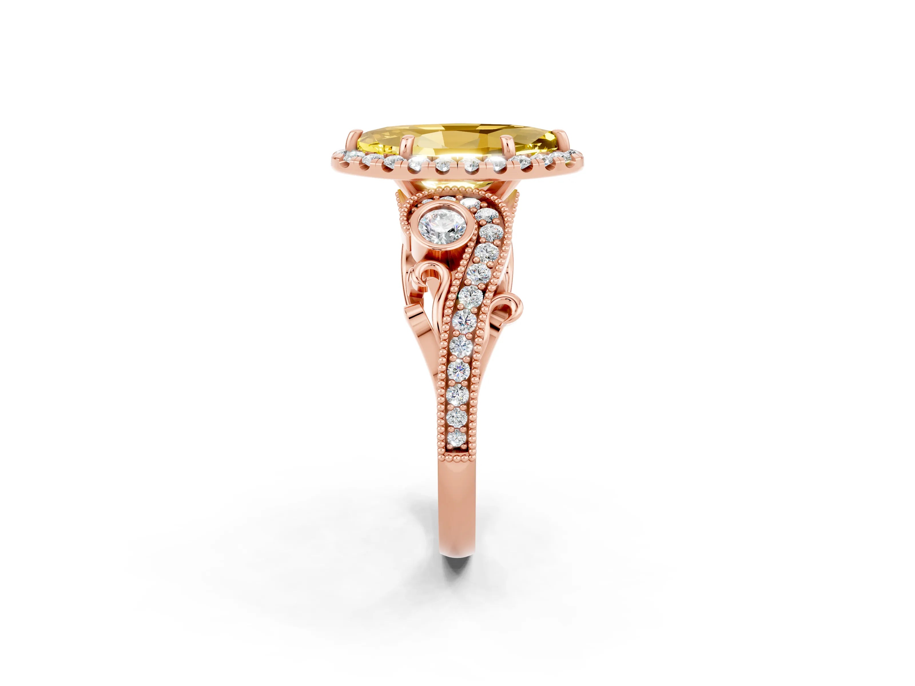 Rose gold Marquise Cut Yellow Sapphire Halo Ring with Milgrain Pavé Band and Four-Prong Setting_14