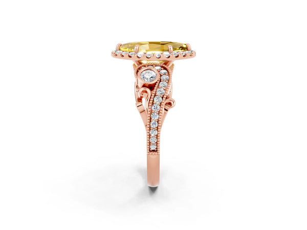 Rose gold Marquise Cut Yellow Sapphire Halo Ring with Milgrain Pavé Band and Four-Prong Setting