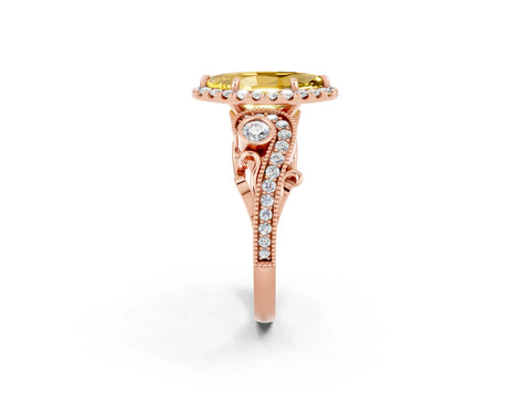 Rose gold Marquise Cut Yellow Sapphire Halo Ring with Milgrain Pavé Band and Four-Prong Setting_14