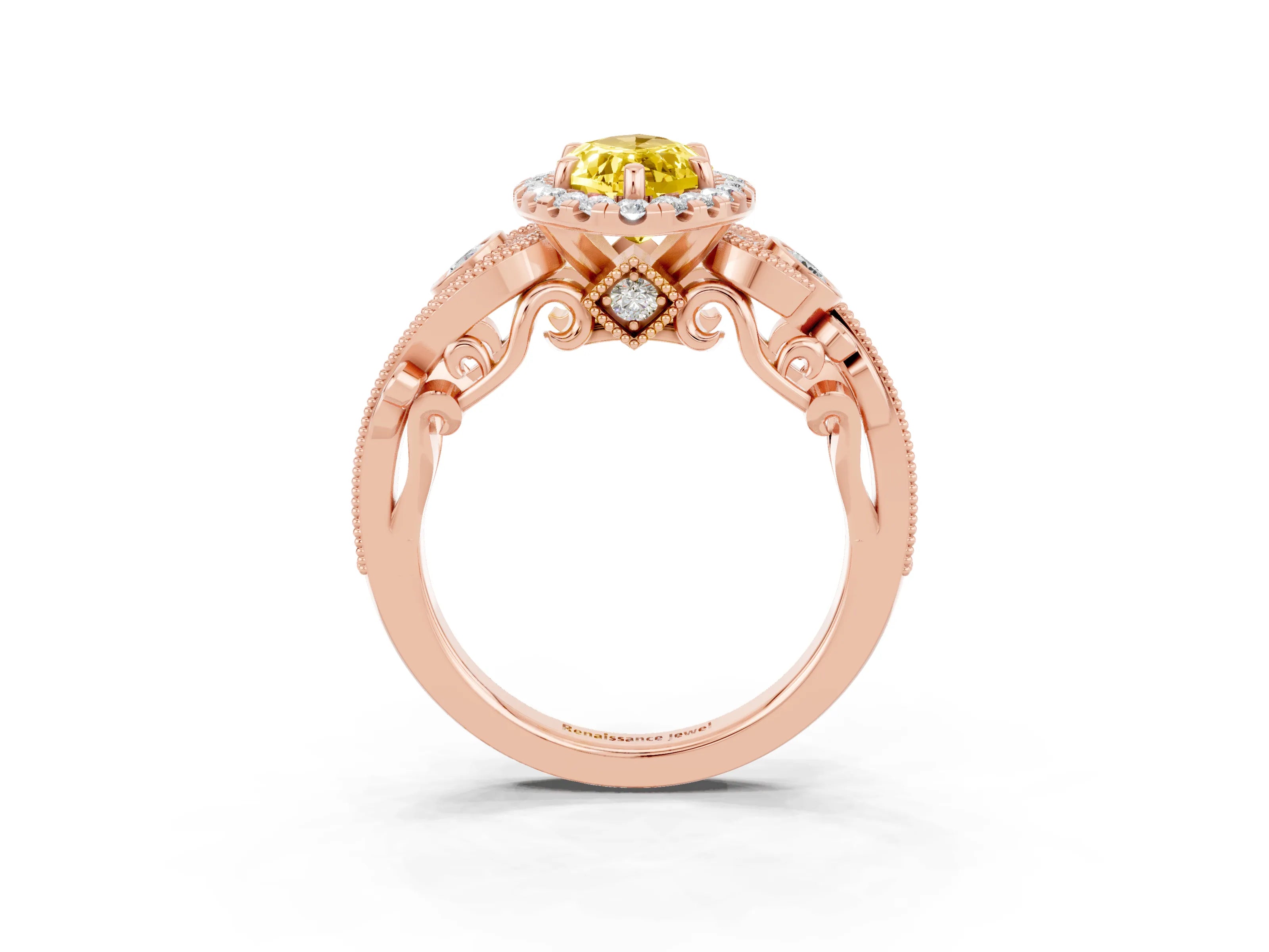 Rose gold Marquise Cut Yellow Sapphire Halo Ring with Milgrain Pavé Band and Four-Prong Setting_15