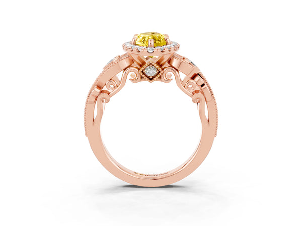Rose gold Marquise Cut Yellow Sapphire Halo Ring with Milgrain Pavé Band and Four-Prong Setting