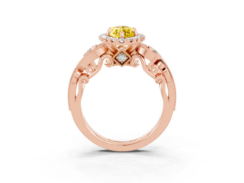 Rose gold Marquise Cut Yellow Sapphire Halo Ring with Milgrain Pavé Band and Four-Prong Setting_15